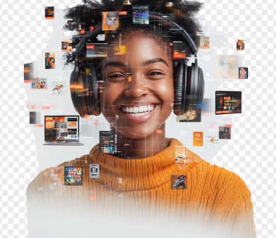 fille avec des ecouteurs au oreilles entourer de nombreux media comme la tele